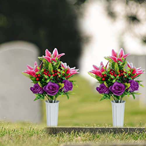 Product: Artificial Cemetery Flowers for Grave, Set of 2 Artificial Flowers Bouquet Memorial Flowers with Vase for Outdoor Cemetery Headstones Graveyard Gravestone Decoration (Pink Lily&Purple Rose)