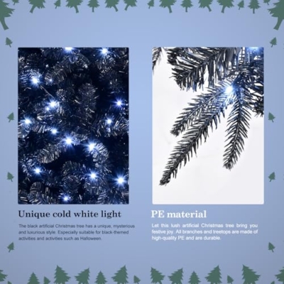 Product: Mayhihi 6FT PreLit Black Christmas Tree with 350 Lights, Artificial Fake Christmas Tree with 1460 PE&PVC Branch Tips, Halloween and Xmas Tree for Holiday Decorations, Metal Stand and Hinged Branches