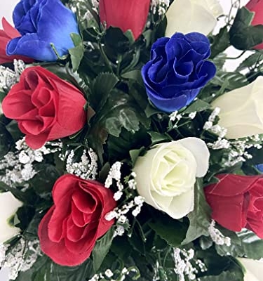 Product: Small Patriotic Cemetery Headstone Saddle Flowers in Red White and Blue Roses for Summer, Memorial Day, Labor Day