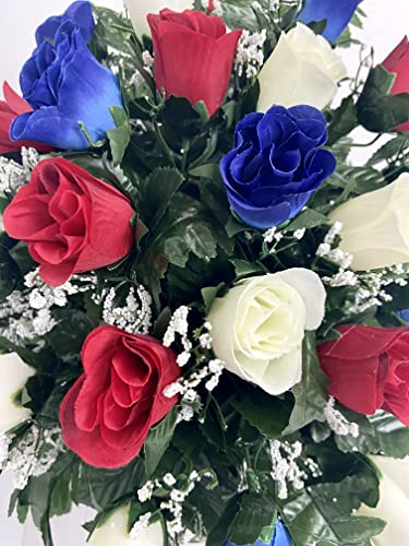 Product: Small Patriotic Cemetery Headstone Saddle Flowers in Red White and Blue Roses for Summer, Memorial Day, Labor Day