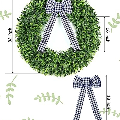Silky Flower Store Artificial Boxwood Wreath, Faux Round Boxwood Wreath with Plaid Bow, UV Resistant Indoor Outdoor Decor, 32in 8 8 Product: Vlorart 32" Faux Round Boxwood Wreath, Artificial Large Boxwood Wreath Front Door Wreaths Artificial Spring Summer Greenery Hanging with A Plaid Bow for Villa Wall Hanging Window Wedding Party Decor