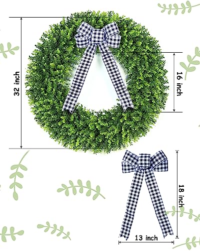Silky Flower Store Artificial Boxwood Wreath, Faux Round Boxwood Wreath with Plaid Bow, UV Resistant Indoor Outdoor Decor, 32in 1 1 Product: Vlorart 32" Faux Round Boxwood Wreath, Artificial Large Boxwood Wreath Front Door Wreaths Artificial Spring Summer Greenery Hanging with A Plaid Bow for Villa Wall Hanging Window Wedding Party Decor