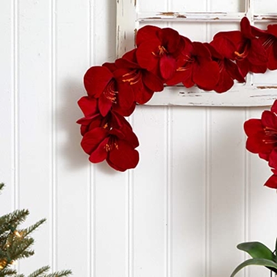 Silky Flower Store Artificial Amaryllis Silk Garland, Red Crimson Floral Mantel Decor, Nearly Natural 5ft 60H x 5W x 5D 11 11 Product: Nearly Natural 4549 5' Amaryllis Silk Garland, Red