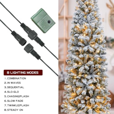 Product: 6FT Prelit Pencil Christmas Tree Artificial Snow Flocked Slim Skinny Christmas Trees with 250 LED Warm White Lights for Christmas Indoor Outdoor Decoration
