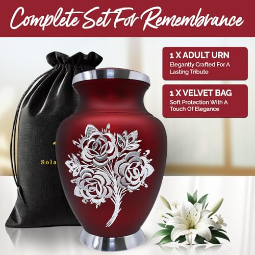 Silky Flower Store Rose Cremation Urn for Ashes, Handcrafted Red Funeral Urn for Women Men, Large Memorial Urn 200 Cubic Inches, 32.5cm 2 2 Product: Rose Cremation Urn for Ashes for Women & Men - Handcrafted Rose Urns for Human Ashes Adult Female & Male - Funeral Urns for Women - Honor Your Loved Ones with Decorative Urns (Red, Large)