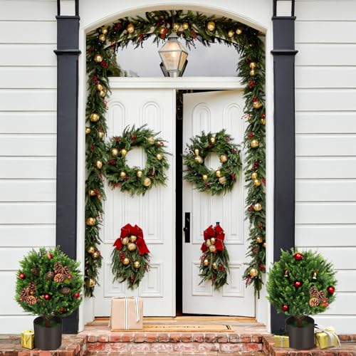 Product: Keepinno 21''T Artificial Cedar Topiary Ball Tree 2 Pack, Outdoors Artificial Shrubs Fake Plants Uv Rated Potted Plants for Outdoor, Indoor, Front Door, Office Decor.