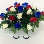 Product: Small Patriotic Cemetery Headstone Saddle Flowers in Red White and Blue Roses for Summer, Memorial Day, Labor Day