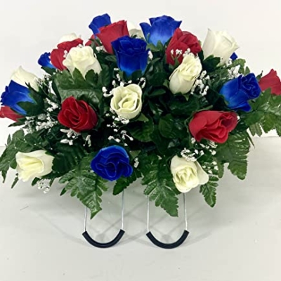 Product: Small Patriotic Cemetery Headstone Saddle Flowers in Red White and Blue Roses for Summer, Memorial Day, Labor Day