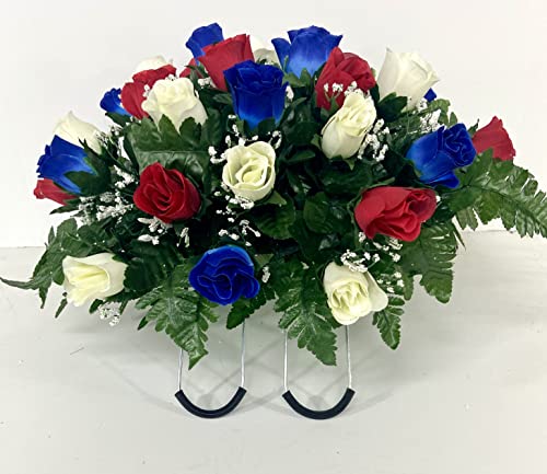 Product: Small Patriotic Cemetery Headstone Saddle Flowers in Red White and Blue Roses for Summer, Memorial Day, Labor Day