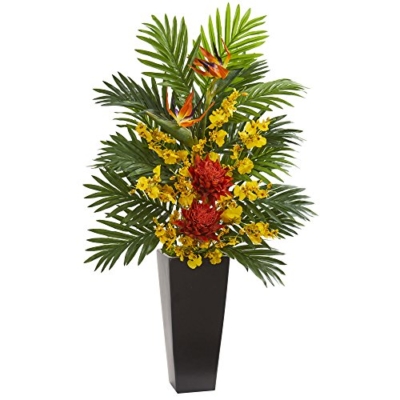 Product: Nearly Natural Tropical Floral & Orchid Artificial Black Vase Silk Arrangements, Orange