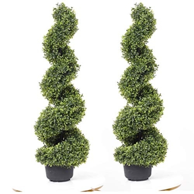 Product: 35 Inch Artificial Boxwood Topiary Tree Spiral Plants Fake Faux Plant Decor in Plastic Pot Green Indoor or Outdoor, Set of 2