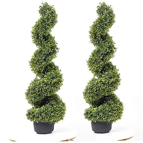 Product: 35 Inch Artificial Boxwood Topiary Tree Spiral Plants Fake Faux Plant Decor in Plastic Pot Green Indoor or Outdoor, Set of 2