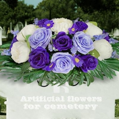Silky Flower Store HENOMO Headstone Flower Saddle for Grave, Artificial Cemetery Flowers, Purple Rose White Peony Mix, Outdoor Graveside Decor 32.5cm 10 10 Product: HENOMO Headstone Flower Saddle for Grave,Color-Non Bleed,Artificial Cemetery Flowers-Purple Rose and White Peony Mix Arrangement, Outdoor Graveside Decor