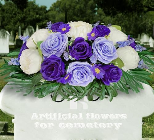 Silky Flower Store HENOMO Headstone Flower Saddle for Grave, Artificial Cemetery Flowers, Purple Rose White Peony Mix, Outdoor Graveside Decor 32.5cm 1 1 Product: HENOMO Headstone Flower Saddle for Grave,Color-Non Bleed,Artificial Cemetery Flowers-Purple Rose and White Peony Mix Arrangement, Outdoor Graveside Decor