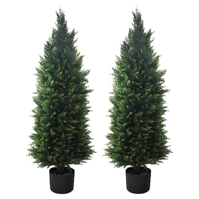 Product: Artificial Topiary Tree 2-Set - Beautiful Realistic Faux Cedar Pines, 4 Feet Tall, UV Protection for Longer Life, 6" Wide Heavy Duty Pots for Outdoor & Indoor Decor