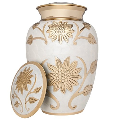 Silky Flower Store White and Gold Brass Funeral Urn, Liliane Memorials Rose Lisette, Handcrafted Memorial Ashes Keepsake 10.2in 6 6 Product: White and Gold Flower Funeral Urn by Liliane Memorials - Cremation Urn for Human Ashes - Brass- Suitable for Cemetery Burial or Niche- Large Size for Adults up to 200 lbs - Rose Lisette