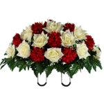 Product: Sympathy Silks Artificial Cemetery Flowers - Realistic - Outdoor Grave Decorations - Non-Bleed Colors, and Easy Fit - Cream Open Rose with Red Mum Saddle for Headstone