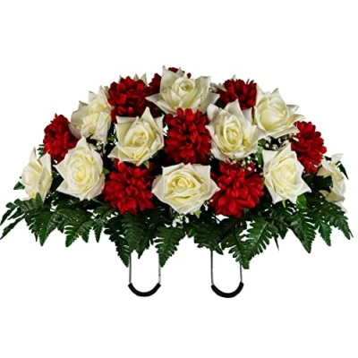 Product: Sympathy Silks Artificial Cemetery Flowers - Realistic - Outdoor Grave Decorations - Non-Bleed Colors, and Easy Fit - Cream Open Rose with Red Mum Saddle for Headstone