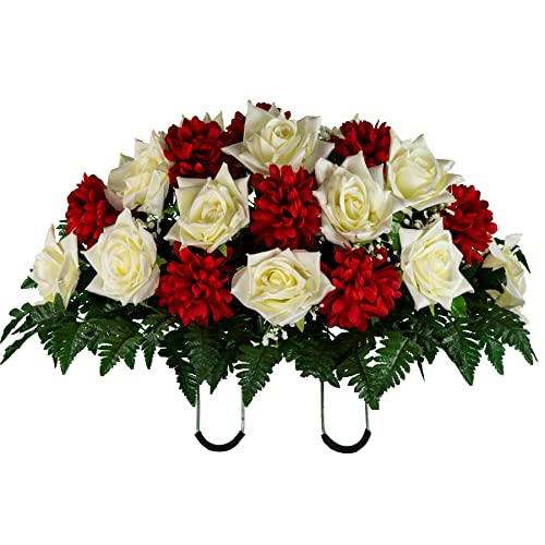 Product: Sympathy Silks Artificial Cemetery Flowers - Realistic - Outdoor Grave Decorations - Non-Bleed Colors, and Easy Fit - Cream Open Rose with Red Mum Saddle for Headstone
