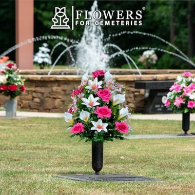 Silky Flower Store Cemetery Flowers Bouquet Pink Roses White Lily Calla Lilies, Artificial Grave Flowers, 36 Flowers, 20.5cm 10 10 Product: Pink Roses, White Lily & Calla Lilies - 36 Flowers in Bouquet - Sympathy Silks Flowers For Cemeteries - Cemetery Flowers for Grave - Mothers Day Spring Summer Arrangement
