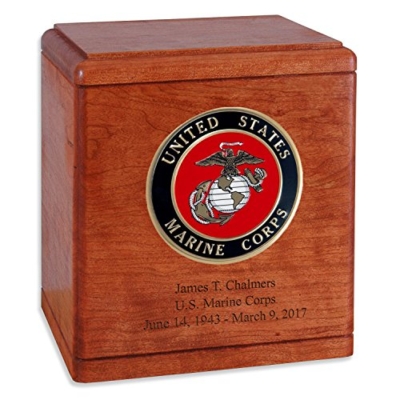 Product: Cherry Wood Military Cremation Urn for The Marine Corps Veteran with Custom Inscription - Personalized Wooden Funeral Urns Made in The USA (More Options Available)