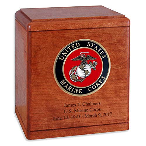 Product: Cherry Wood Military Cremation Urn for The Marine Corps Veteran with Custom Inscription - Personalized Wooden Funeral Urns Made in The USA (More Options Available)