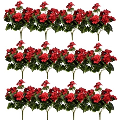 Product: Dophinena Pack of 12 - Artificial Geraniums Bundles Full Blooms Silk Flower Plants Geranium Bush Red Color for Home Garden Wedding Indoor Outdoor Decor (Red - Pack of 12)