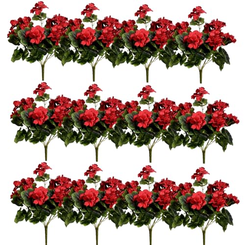 Product: Dophinena Pack of 12 - Artificial Geraniums Bundles Full Blooms Silk Flower Plants Geranium Bush Red Color for Home Garden Wedding Indoor Outdoor Decor (Red - Pack of 12)
