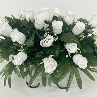 Product: White rose cemetery saddle~Cemetery Arrangement~Graveside Decorations~Headstone Saddle~Saddle Arrangement~Sympathy Flowers~Grave decor~Cemetery Flower Service Subscription~cemetery saddle