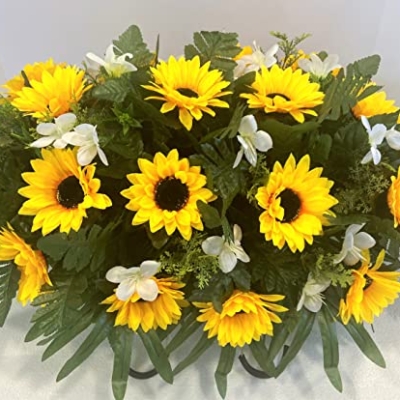 Product: Cemetery Headstone Saddle Arrangement with Yellow Sunflowers and White Daisies-Grave Decoration