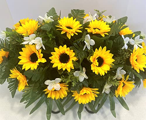 Product: Cemetery Headstone Saddle Arrangement with Yellow Sunflowers and White Daisies-Grave Decoration