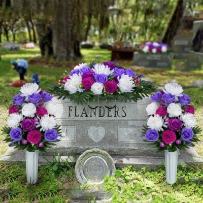 Product: XONOR Artificial Headstone Flower Saddles for Graves, Cemetery Memorial Flowers for Outdoor Tombstone Decorations, Artificial Peony Rose Flowers Saddle (Purple&White, 1 Saddle 2 Bouquets)