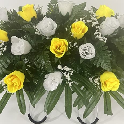 Product: Yellow and White Rose Headstone Saddle for Cemetery Grave Decoration, Summer Flowers for Gravesite, Sympathy Flowers