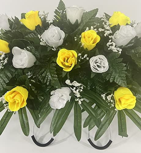 Product: Yellow and White Rose Headstone Saddle for Cemetery Grave Decoration, Summer Flowers for Gravesite, Sympathy Flowers