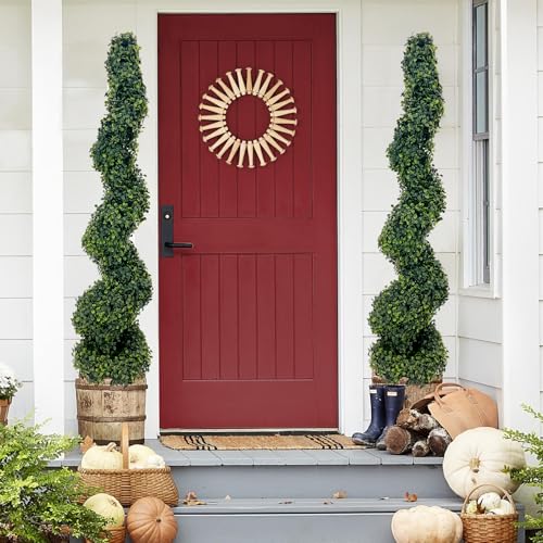 Product: ROOMTEC 4FT Artificial Spiral Boxwood Topiary Tree Front Porch Decor Tree Potted Large Faux Plant in Cement-Filled Plastic Pot Faux Topiary Trees for Indoor Outdoor Home Front Porch Decor