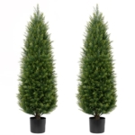 Product: Two 4ft Artificial Topiary Tree Fake Bushes Potted Plants UV Resistant Faux Cedar Trees Artificial Outdoor Shrubs for Front Porch Garden