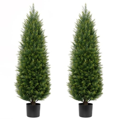 Product: Two 4ft Artificial Topiary Tree Fake Bushes Potted Plants UV Resistant Faux Cedar Trees Artificial Outdoor Shrubs for Front Porch Garden