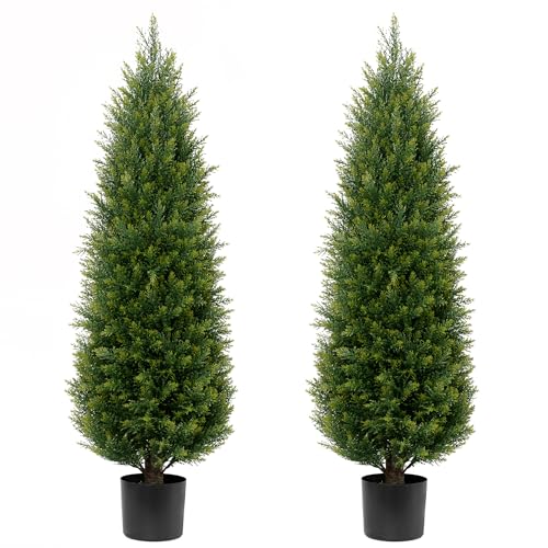 Product: Two 4ft Artificial Topiary Tree Fake Bushes Potted Plants UV Resistant Faux Cedar Trees Artificial Outdoor Shrubs for Front Porch Garden