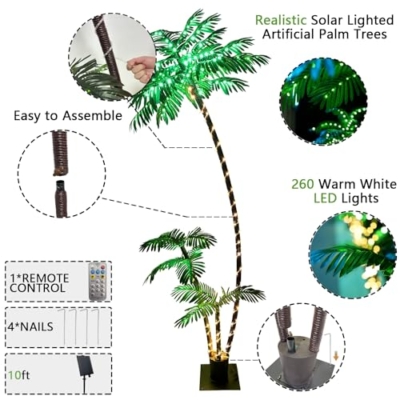 Silky Flower Store Lighted Artificial Palm Tree Outdoor Patio, 260 LED Solar Palm Tree, 3 Trunks Decorative Tropical Tree 7FT 9 9 Product: SOSHOT 7FT Lighted Solar Palm Trees for Outside Patio 260 LED Lights with Three Trunks Artificial Light Up Palm Tree for Patio Deck Pool Tiki Bar Beach Hawaiian Party Outdoor Decor