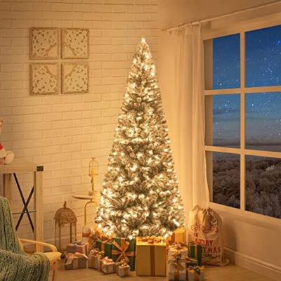 Product: Naomi Home Salzburg 6.5ft Frosted Prelit Slim Artificial Christmas Tree with 864 Branch Tips, 250 Warm Lights and Metal Stand, 30" Wide Realistic Snow Flocked Skinny Pencil Christmas Tree