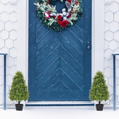 Product: Azoco 30" Artificial Boxwood Topiary Trees Outdoor Set of 2 - UV Resistant Faux Plants for Front Porch Outside Planter, Realistic Fake Cone-Shaped Bushes & Evergreen Shrubs