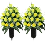 Product: Set of 2 Artificial Grave Memorial Flowers Cemetery Flowers Rose Bouquet with Vase for Cemetery Graveyard Headstones Decoration (Yellow-24H)
