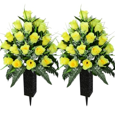 Product: Set of 2 Artificial Grave Memorial Flowers Cemetery Flowers Rose Bouquet with Vase for Cemetery Graveyard Headstones Decoration (Yellow-24H)