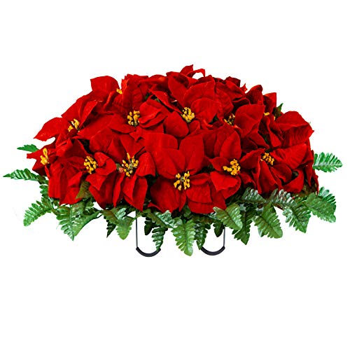 Product: Sympathy Silks Artificial Cemetery Flowers - Winter Memorial Flowers - Christmas Poinsettias - Red Poinsettias Saddle for Headstone