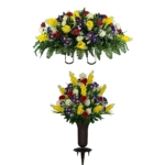 Product: Sympathy Silks Artificial Cemetery Flowers – Realistic Vibrant Wildflowers Outdoor Grave Decorations - Non-Bleed Colors- 1 Red Yellow Wildflower Bouquet, 1 Matching Saddle, & 1 vase Included