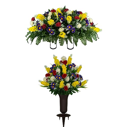 Product: Sympathy Silks Artificial Cemetery Flowers – Realistic Vibrant Wildflowers Outdoor Grave Decorations - Non-Bleed Colors- 1 Red Yellow Wildflower Bouquet, 1 Matching Saddle, & 1 vase Included