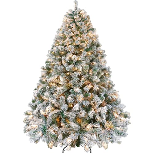 Product: Yaheetech 7.5ft Pre-lit Artificial Christmas Tree W/Incandescent Warm White Lights, Snow Flocked Full Prelighted Xmas Tree W/1284 Branch Tips, 550 Incandescent Lights & Foldable Stand, Green & White