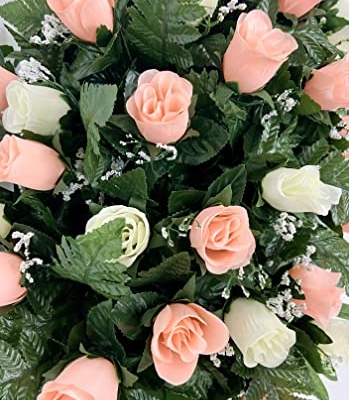 Product: Cemetery Headstone Saddle Flower Arrangement in Peach and Cream Roses-Grave Marker Decoration, Sympathy Flowers