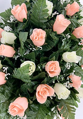 Product: Cemetery Headstone Saddle Flower Arrangement in Peach and Cream Roses-Grave Marker Decoration, Sympathy Flowers