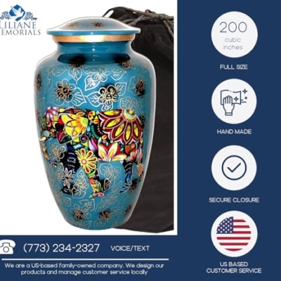 Silky Flower Store Blue Elephant Floral Funeral Urn, Spiritual Aluminum Adult Ashes Memorial, Large Size 32.5cm 8 8 Product: Blue Funeral urn with Elephant - Floral Spiritual Indian Design - Cremation Urn for Human Ashes - Aluminum -Suitable for Cemetery Burial or Niche - Large Size fits Remains of Adults up to 200 lbs
